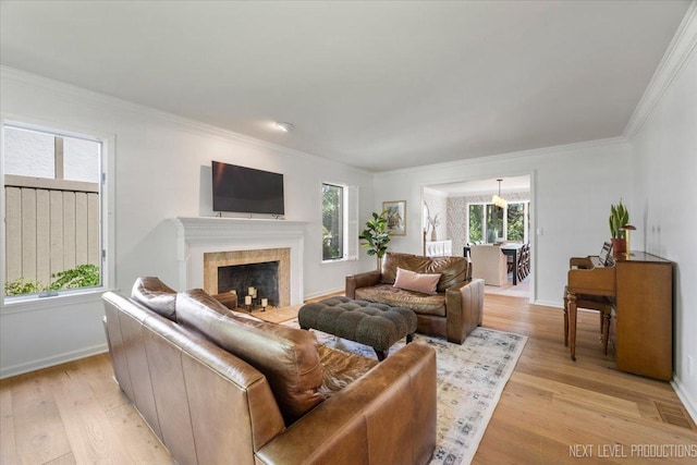 1412 Sherwood Ln, Geneva, IL 60134 - living area with ornamental molding, a fireplace, and light wood-type flooring