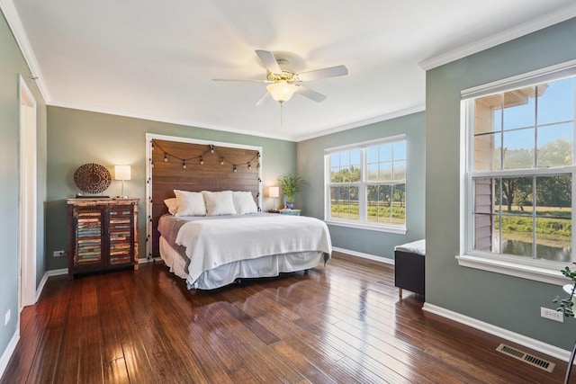 454 Blue Springs Dr, Fox Lake, IL 60020 - bedroom with hardwood / wood-style floors, crown molding, and a ceiling fan