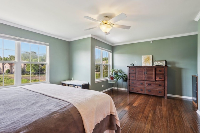454 Blue Springs Dr, Fox Lake, IL 60020 - bedroom with dark wood-style flooring, multiple windows, crown molding, and a ceiling fan