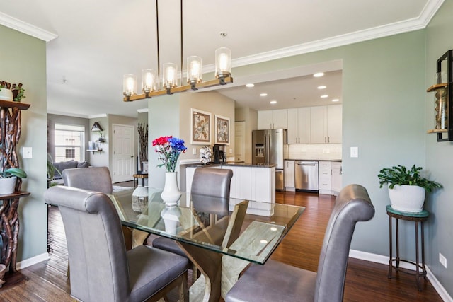 454 Blue Springs Dr, Fox Lake, IL 60020 - dining area with dark wood-style flooring, ornamental molding, and recessed lighting