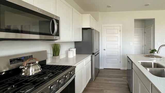 998 Amethyst Ln, Montgomery, IL 60538 - kitchen featuring stainless steel appliances, white cabinetry, dark wood-type flooring, and light stone countertops