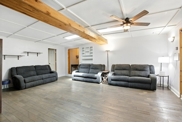 204 Wood St, Wilmington, IL 60481 - living room featuring ceiling fan, wood-type flooring, and beam ceiling