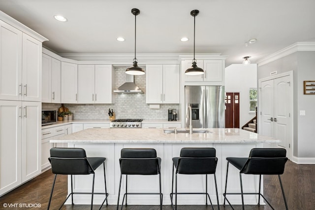 161 N Schubert St, Palatine, IL 60067 - kitchen featuring stainless steel fridge, wall chimney range hood, dark wood finished floors, backsplash, and white cabinetry