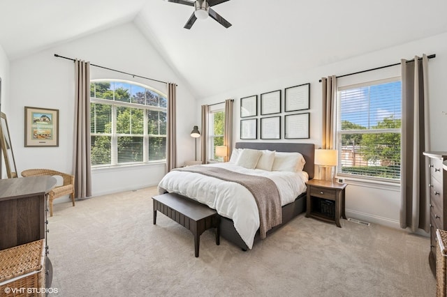 161 N Schubert St, Palatine, IL 60067 - bedroom featuring multiple windows, light carpet, vaulted ceiling, and ceiling fan