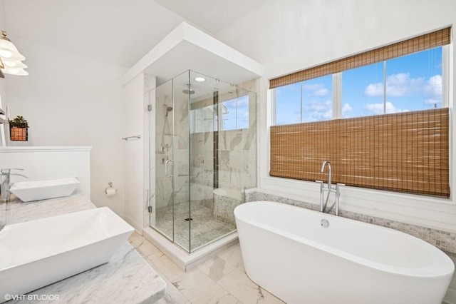 161 N Schubert St, Palatine, IL 60067 - full bath with a freestanding tub, a marble finish shower, marble finish floors, double vanity, and recessed lighting