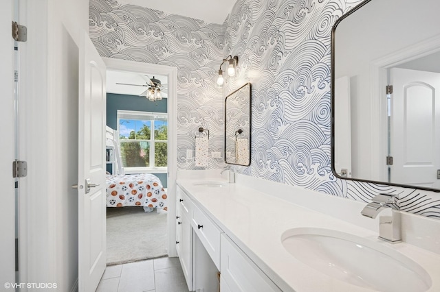 161 N Schubert St, Palatine, IL 60067 - ensuite bathroom featuring wallpapered walls, double vanity, a ceiling fan, and tile patterned flooring