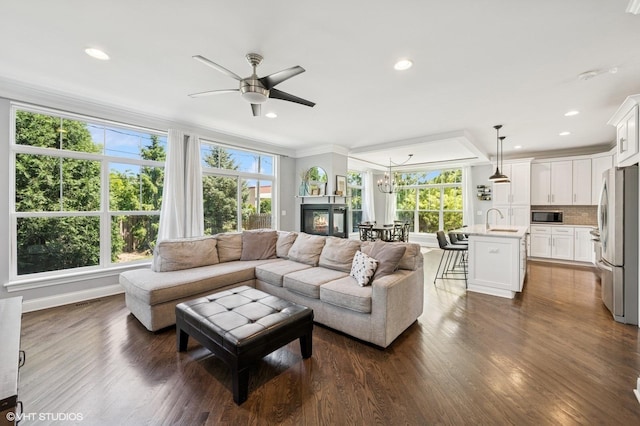161 N Schubert St, Palatine, IL 60067 - living area featuring ornamental molding, dark wood finished floors, ceiling fan, and recessed lighting