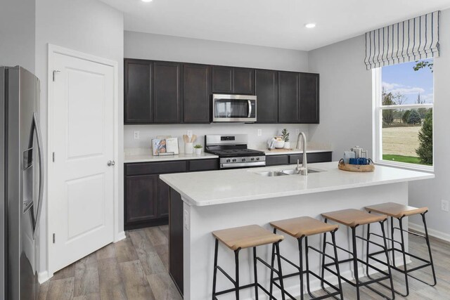 994 Amethyst Ln, Montgomery, IL 60538 - kitchen with appliances with stainless steel finishes, light wood finished floors, a breakfast bar, recessed lighting, and a center island with sink