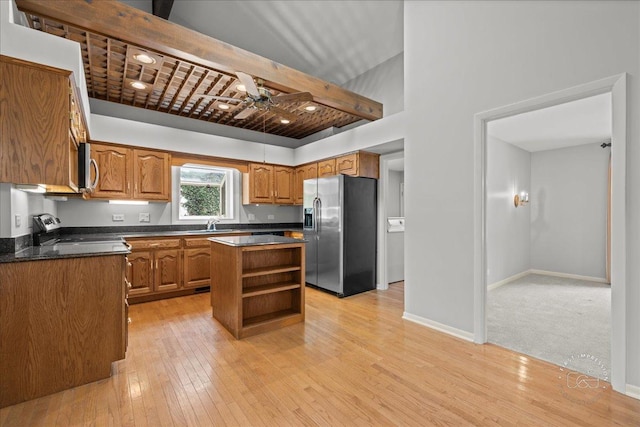 1105 W Bauer Rd, Naperville, IL 60563 - kitchen featuring stainless steel appliances, light wood-type flooring, a ceiling fan, open shelves, and a kitchen island