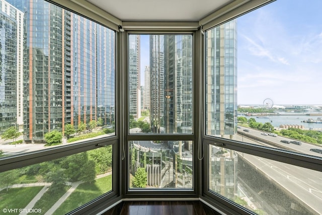 195 N Harbor Dr Unit 709, Chicago, IL 60601 - unfurnished sunroom with a water view, wood finished floors, and a view of city