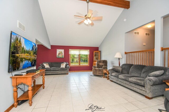 712 Hauert St, Peotone, IL 60468 - living room featuring high vaulted ceiling, ceiling fan, beam ceiling, and light tile patterned floors