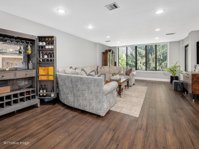 1401 Burr Oak Rd Unit 312B, Hinsdale, IL 60521 - living area with dark wood-type flooring, recessed lighting, and a bar