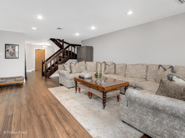 1401 Burr Oak Rd Unit 312B, Hinsdale, IL 60521 - living area with stairway, wood finished floors, and recessed lighting