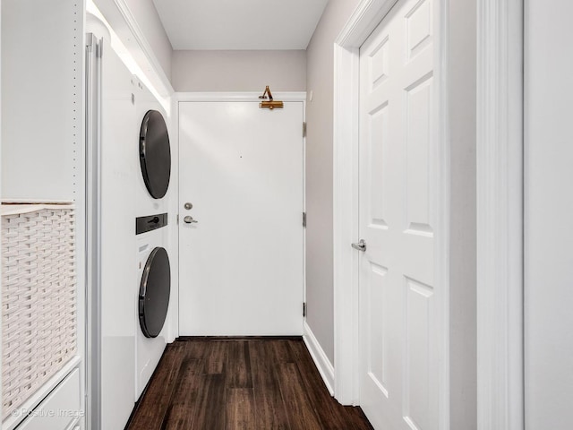 1401 Burr Oak Rd Unit 312B, Hinsdale, IL 60521 - laundry room with stacked washer and clothes dryer and dark wood-style floors
