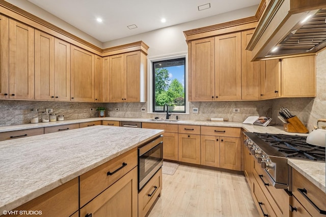 2104 Shermer Rd, Northbrook, IL 60062 - kitchen featuring premium range hood, appliances with stainless steel finishes, light wood-type flooring, decorative backsplash, and recessed lighting
