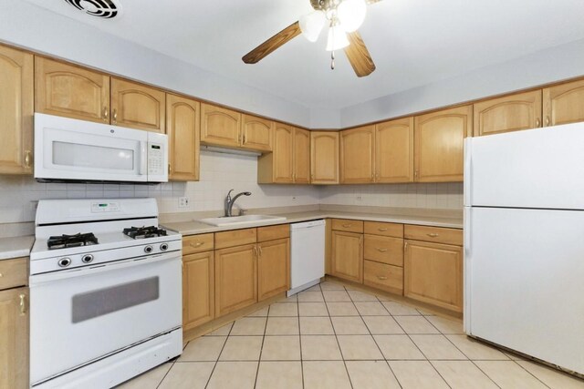 1111 N Harlem Ave Unit 1C, Oak Park, IL 60302 - kitchen with white appliances, light countertops, decorative backsplash, ceiling fan, and light tile patterned floors
