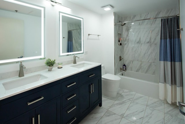 50 E 16th St Unit 311, Chicago, IL 60616 - bathroom featuring double vanity, shower / bath combo with shower curtain, and marble finish floors