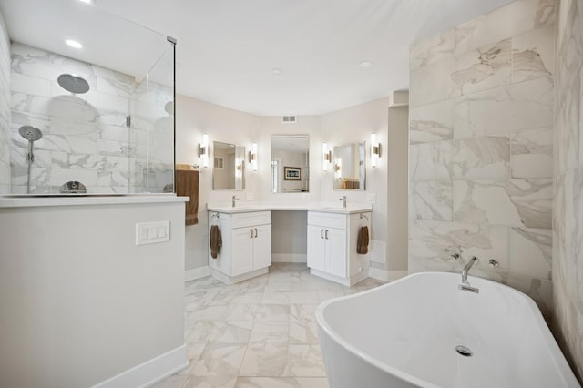 3801 Mission Hills Rd Unit 510, Northbrook, IL 60062 - bathroom with marble look tile flooring, vanity, a marble finish shower, a soaking tub, and recessed lighting