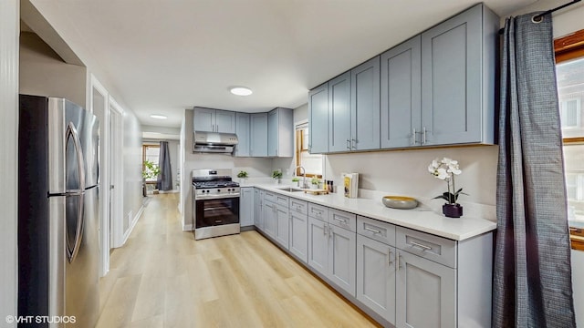 2701 S Hillock Ave, Chicago, IL 60608 - kitchen featuring appliances with stainless steel finishes, gray cabinets, under cabinet range hood, and light wood finished floors