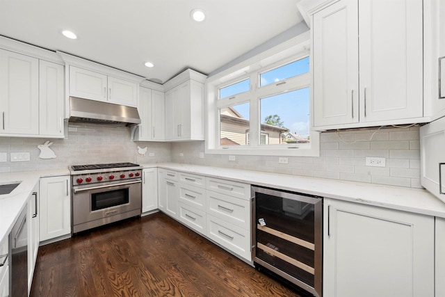 2040 N Laporte Ave, Chicago, IL 60639 - kitchen with wine cooler, appliances with stainless steel finishes, under cabinet range hood, white cabinetry, and recessed lighting