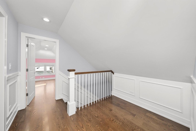 2040 N Laporte Ave, Chicago, IL 60639 - corridor featuring an upstairs landing, dark wood finished floors, a decorative wall, wainscoting, and recessed lighting