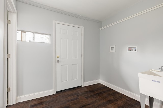 6132 S Justine St, Chicago, IL 60636 - washroom featuring hookup for a washing machine, dark wood-style floors, and ornamental molding
