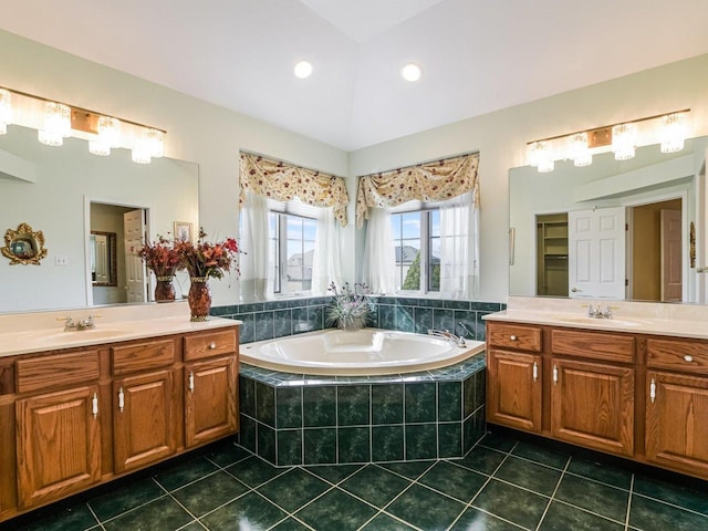 18036 Crystal Ln, Lansing, IL 60438 - full bathroom with tile patterned floors, two vanities, a bath, and recessed lighting