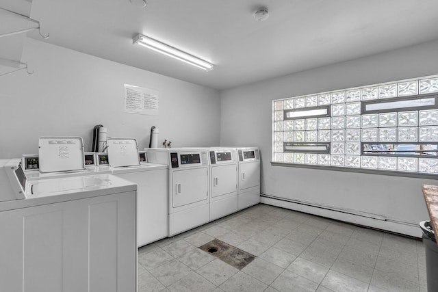 6 E Dundee Quarter Dr Unit 101, Palatine, IL 60074 - community laundry with washing machine and dryer, a baseboard radiator, and light tile patterned floors