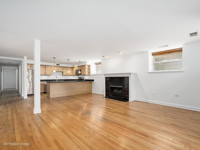 4411 N Beacon St Unit G, Chicago, IL 60640 - unfurnished living room with light wood-style flooring and a tiled fireplace