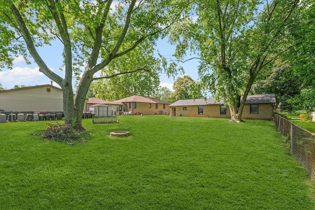 205 Buena Vista Dr, Champaign, IL 61820 - fenced backyard with an outdoor fire pit and a shed