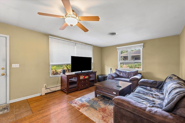 205 Buena Vista Dr, Champaign, IL 61820 - living area with baseboard heating, healthy amount of natural light, wood finished floors, and a ceiling fan