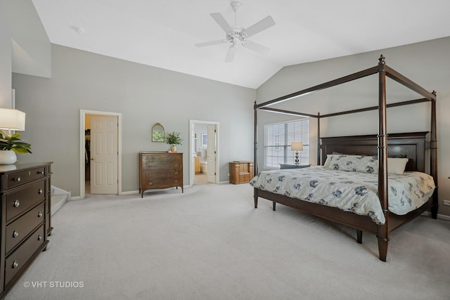 424 Bluegrass Ln, Geneva, IL 60134 - bedroom featuring light colored carpet, high vaulted ceiling, ceiling fan, and ensuite bathroom