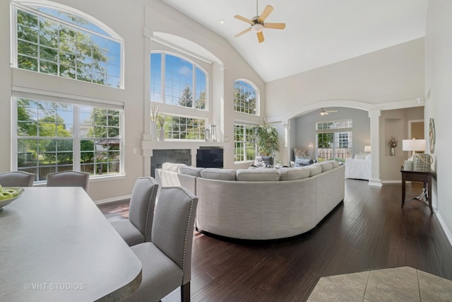 424 Bluegrass Ln, Geneva, IL 60134 - living area with a ceiling fan, high vaulted ceiling, dark wood-style flooring, a fireplace, and arched walkways