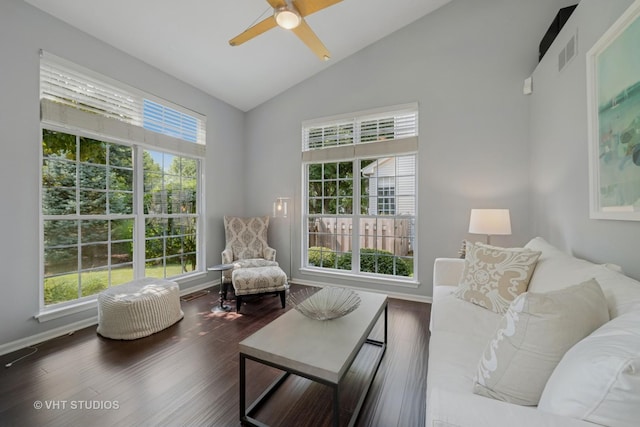 424 Bluegrass Ln, Geneva, IL 60134 - living room featuring healthy amount of natural light, ceiling fan, wood finished floors, and high vaulted ceiling