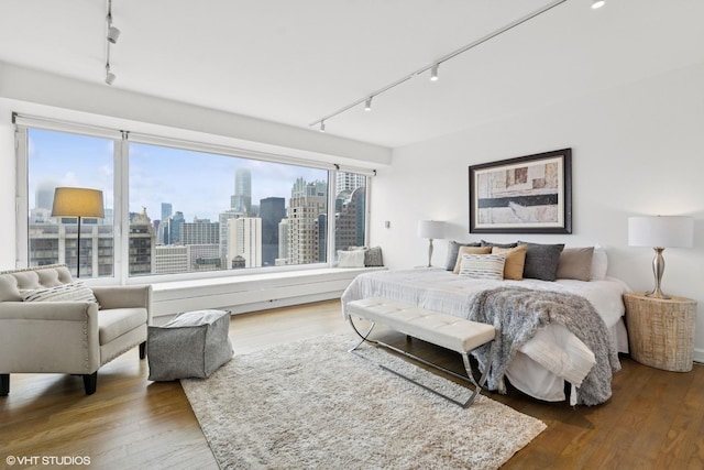 161 E Chicago Ave Unit 27C, Chicago, IL 60611 - bedroom with track lighting, a view of skyline, and wood finished floors