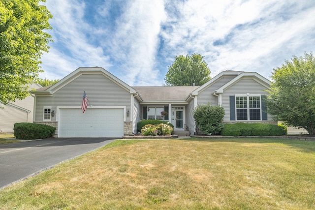 424 Riverbend Dr, Genoa, IL 60135 - ranch-style house featuring asphalt driveway, a garage, and a front yard