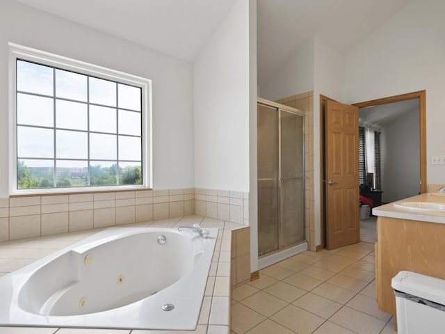 16107 Carlow Cir, Manhattan, IL 60442 - bathroom featuring vanity, a shower stall, a tub with jets, and tile patterned flooring