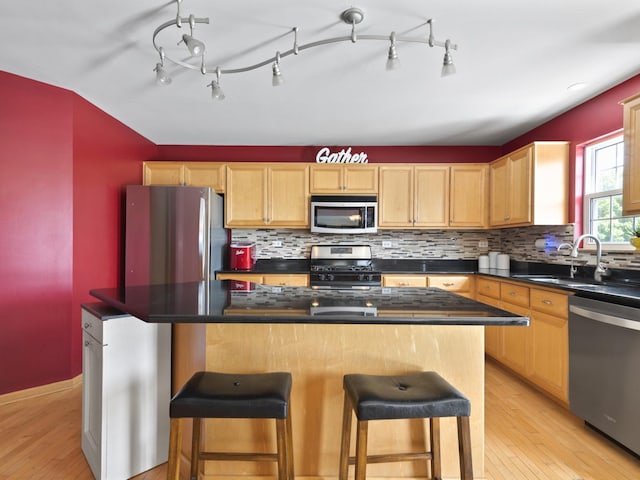 16107 Carlow Cir, Manhattan, IL 60442 - kitchen with appliances with stainless steel finishes, light wood-type flooring, decorative backsplash, and dark countertops