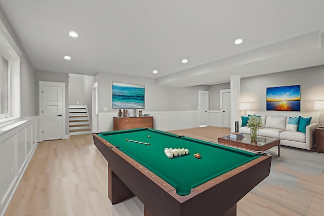 8545 Mansfield Ave, Burbank, IL 60459 - rec room featuring light wood finished floors, billiards, recessed lighting, wainscoting, and a decorative wall