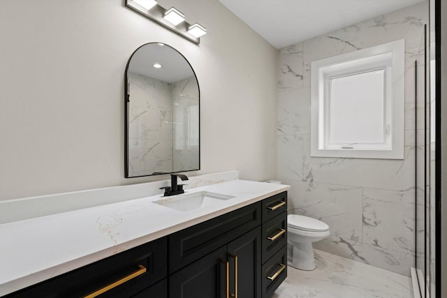 8545 Mansfield Ave, Burbank, IL 60459 - full bathroom featuring marble look tiles, vanity, a marble finish shower, and a baseboard radiator