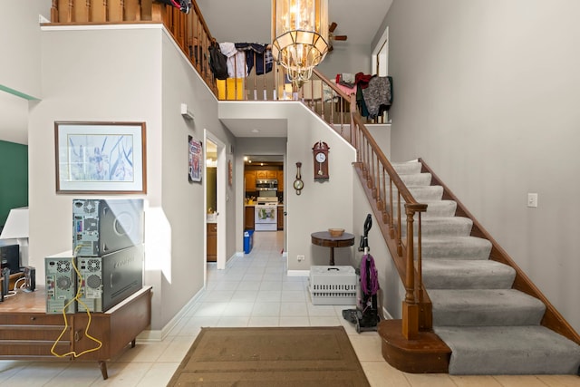 436 Cambridge Way, Bolingbrook, IL 60440 - entrance foyer featuring light tile patterned floors, stairs, a chandelier, and a high ceiling