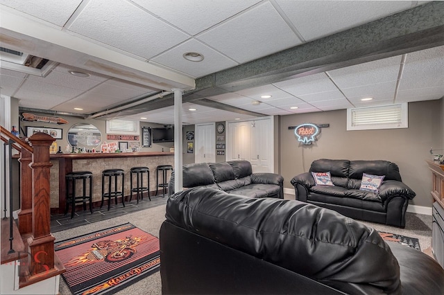 1315 W Jackson St, Ottawa, IL 61350 - carpeted living area with a bar, recessed lighting, and a paneled ceiling