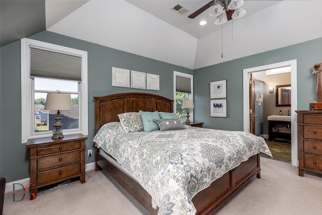 1315 W Jackson St, Ottawa, IL 61350 - bedroom featuring light colored carpet, lofted ceiling, multiple windows, a ceiling fan, and ensuite bathroom