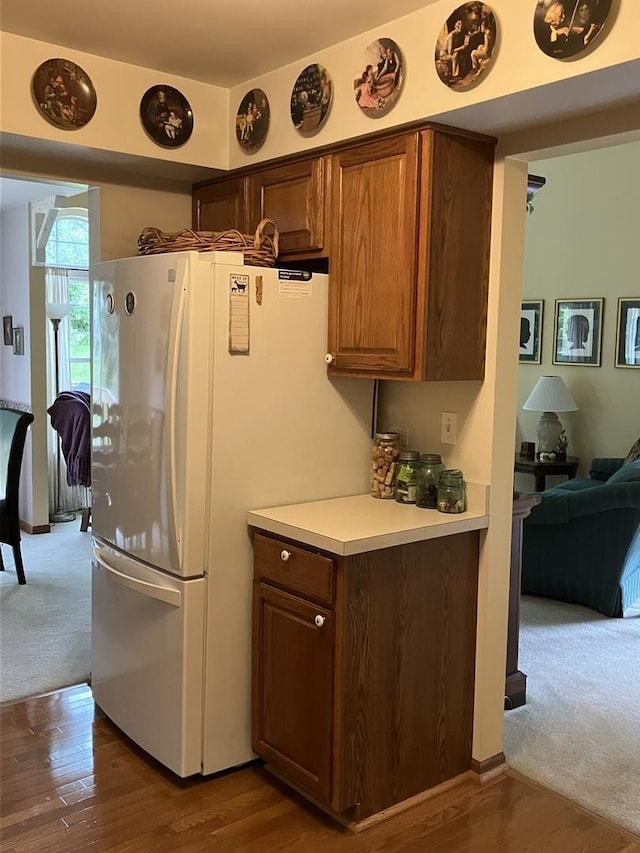 1669 Saint Ann Dr, Hanover Park, IL 60133 - kitchen with freestanding refrigerator, light countertops, dark wood-style flooring, and dark colored carpet