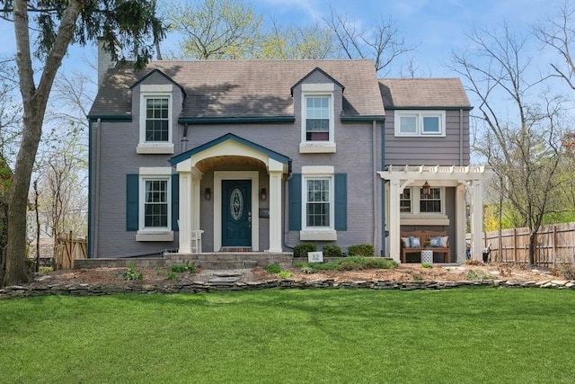 32 Valley Rd, Highland Park, IL 60035 - view of front of house with a chimney, a pergola, and brick siding