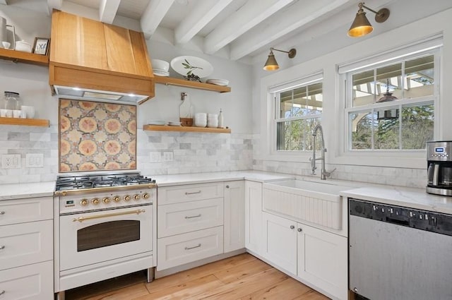 32 Valley Rd, Highland Park, IL 60035 - kitchen featuring open shelves, stainless steel dishwasher, high end stove, custom range hood, and beam ceiling