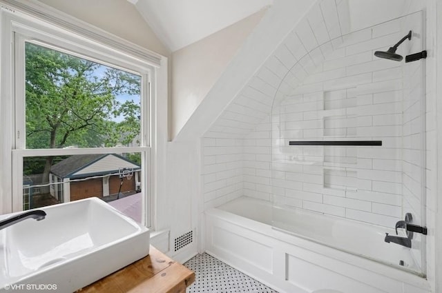 32 Valley Rd, Highland Park, IL 60035 - bathroom with lofted ceiling and bathtub / shower combination