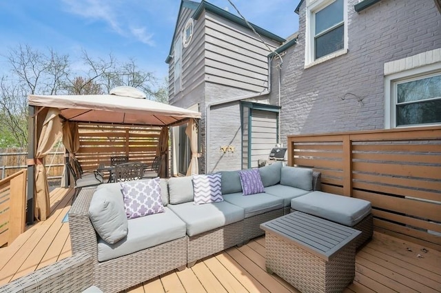 32 Valley Rd, Highland Park, IL 60035 - wooden deck featuring an outdoor living space, a gazebo, and outdoor dining space