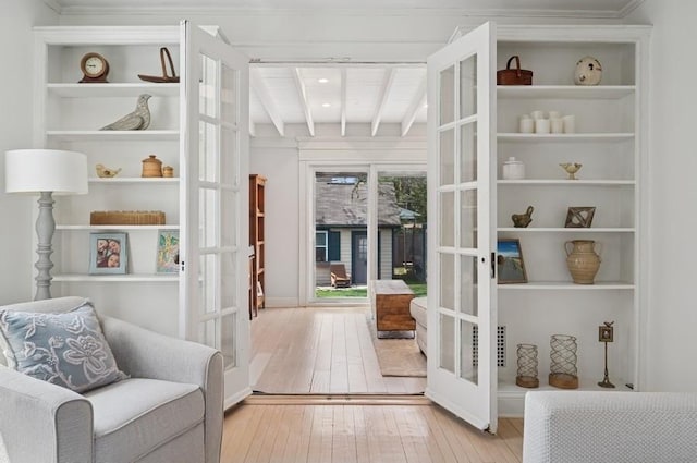 32 Valley Rd, Highland Park, IL 60035 - living area featuring french doors, wood-type flooring, and beamed ceiling