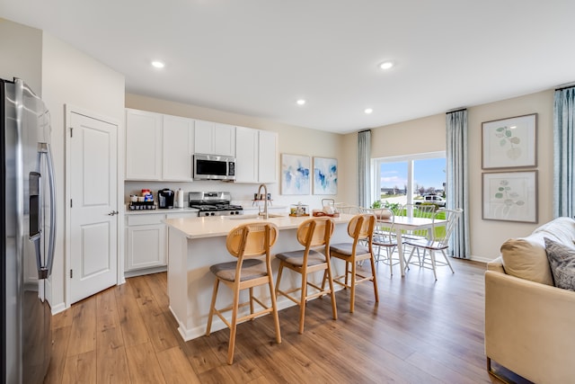 1039 Greenleaf St, Sycamore, IL 60178 - kitchen with stainless steel appliances, a kitchen breakfast bar, light countertops, light wood-style flooring, and open floor plan